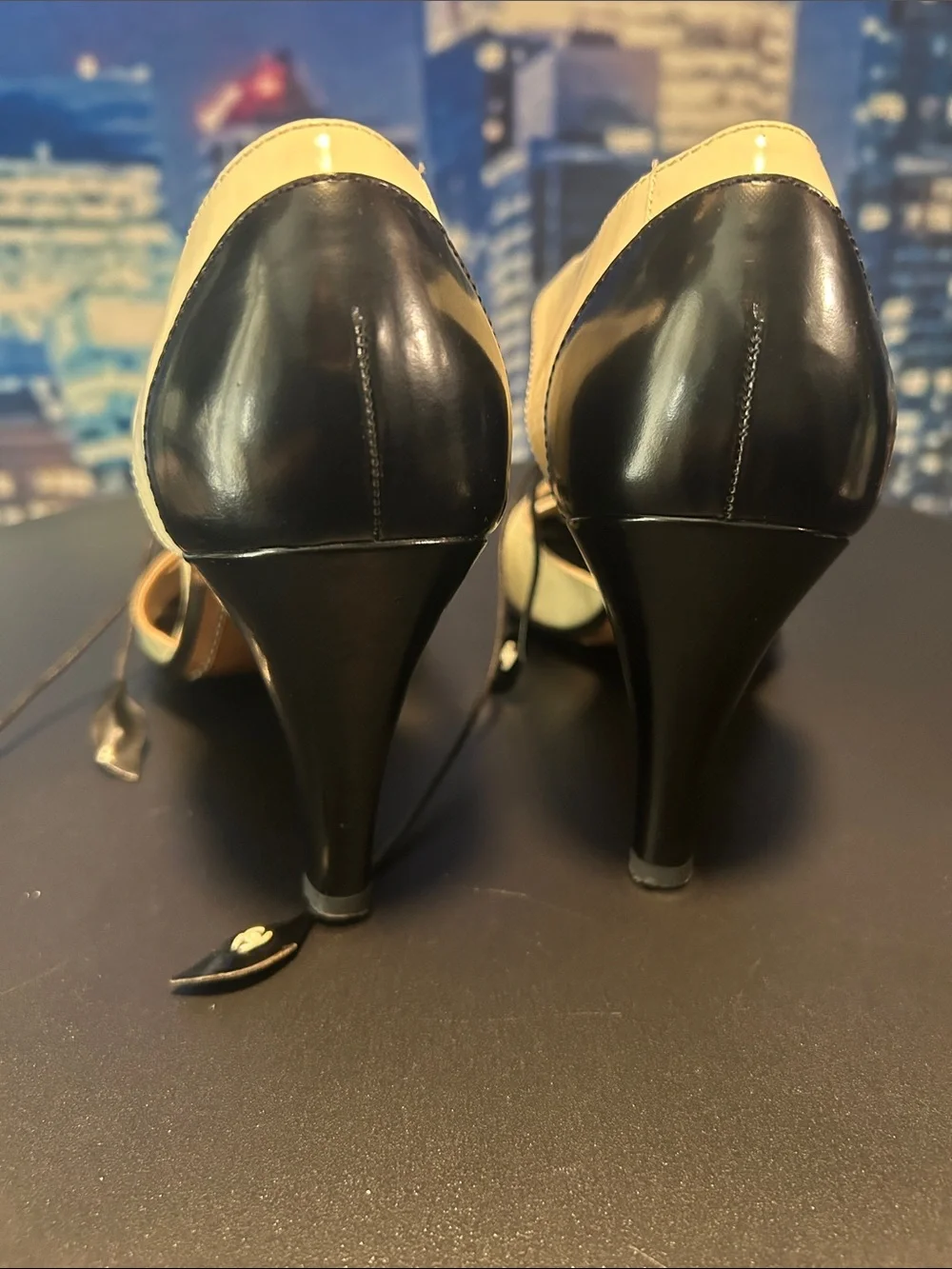 CHANEL Black and Cream Lace-Up Peep Toe Heels